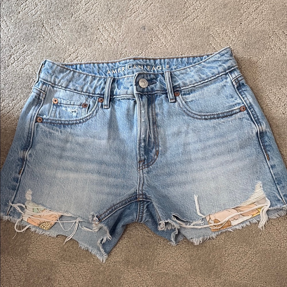 American Eagle Outfitters Blue Jean Shorts with Distressed Details